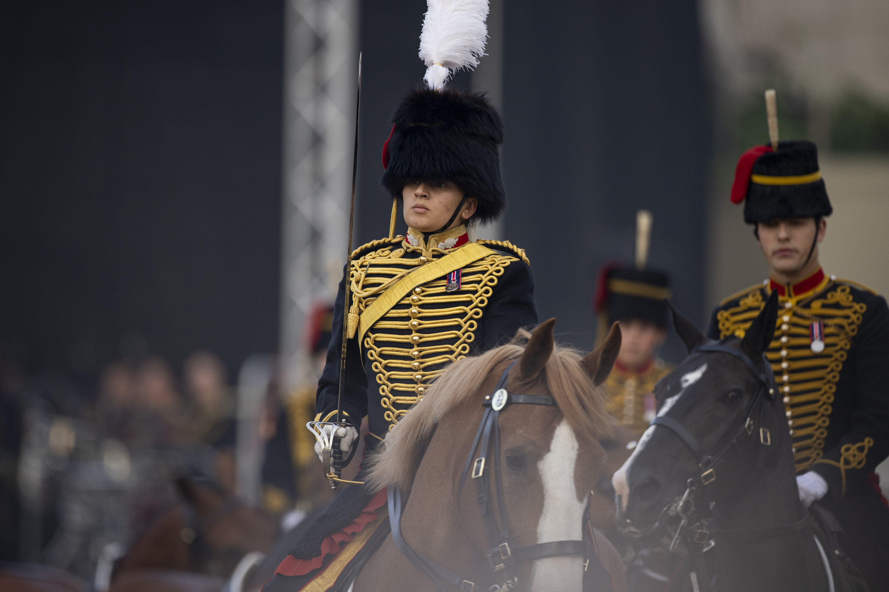 Mounted soldier in ornate black and gold uniform with white plume on tall fur hat during ceremonial event.
