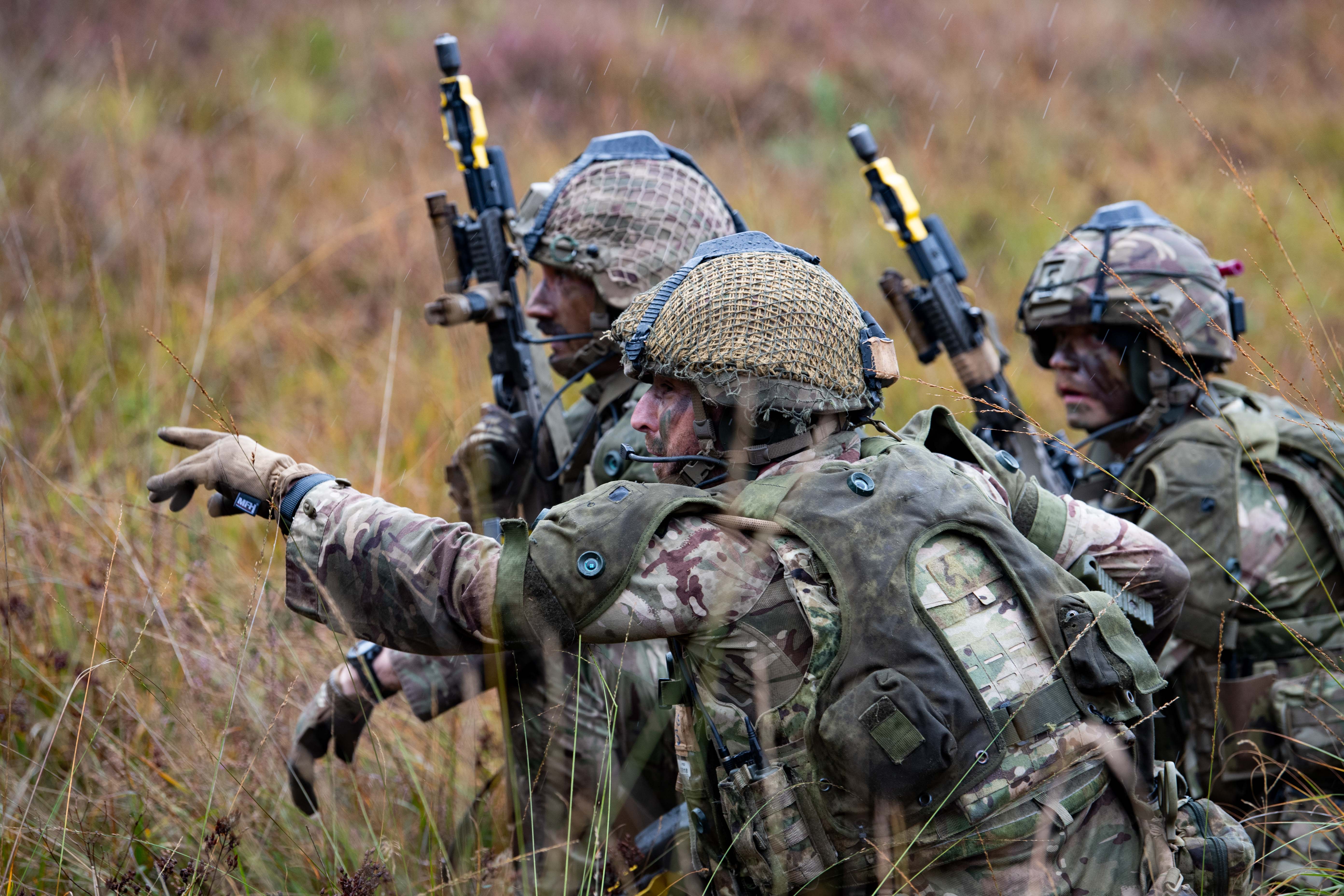 Three soldiers in camouflage gear crouch in tall grass, one pointing forward while holding rifles during an exercise.